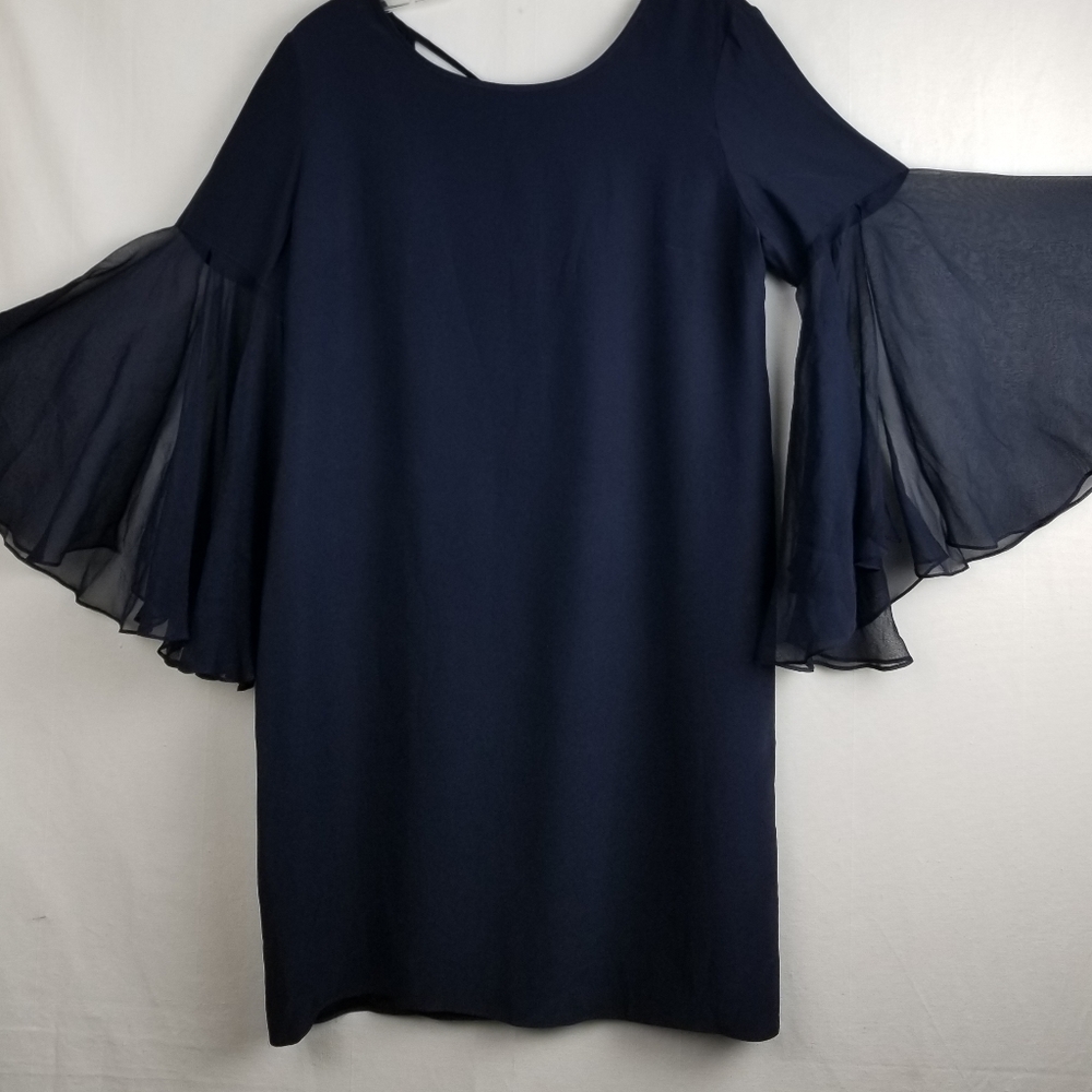 Amanda Uprichard X Revolve Navy Blue Silk Slit Bell Sleeve Mini Dress Size Small